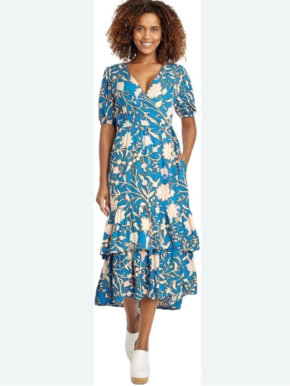 Blue Floral Wrap Midi Dress with Ruffle Tiers